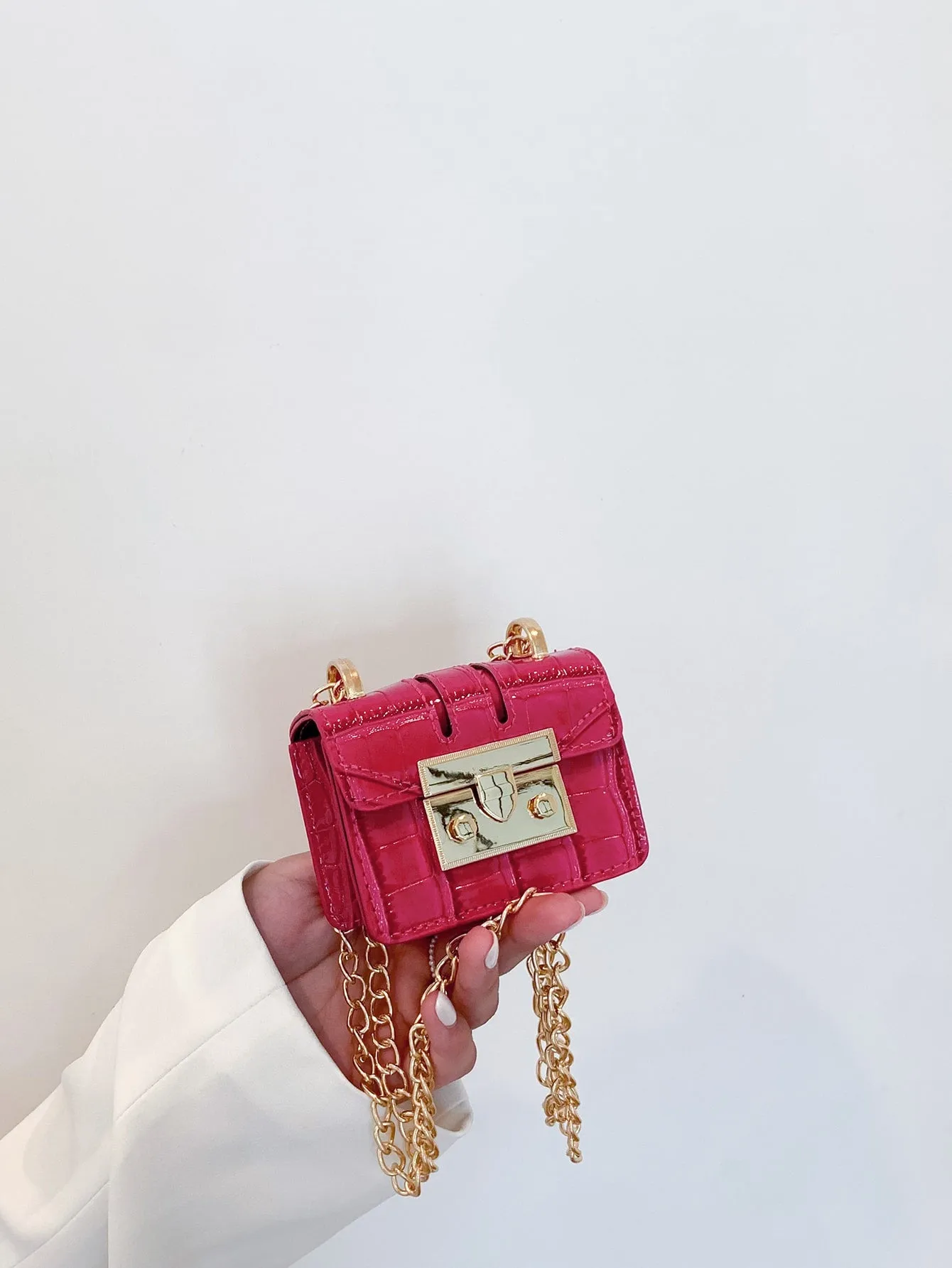 Mini Crocodile Embossed Push Lock Flap Chain Square Bag -  Hot Pink