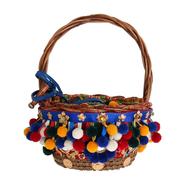 Multicolor AGNESE Straw Crystal  Pom Pom Bag