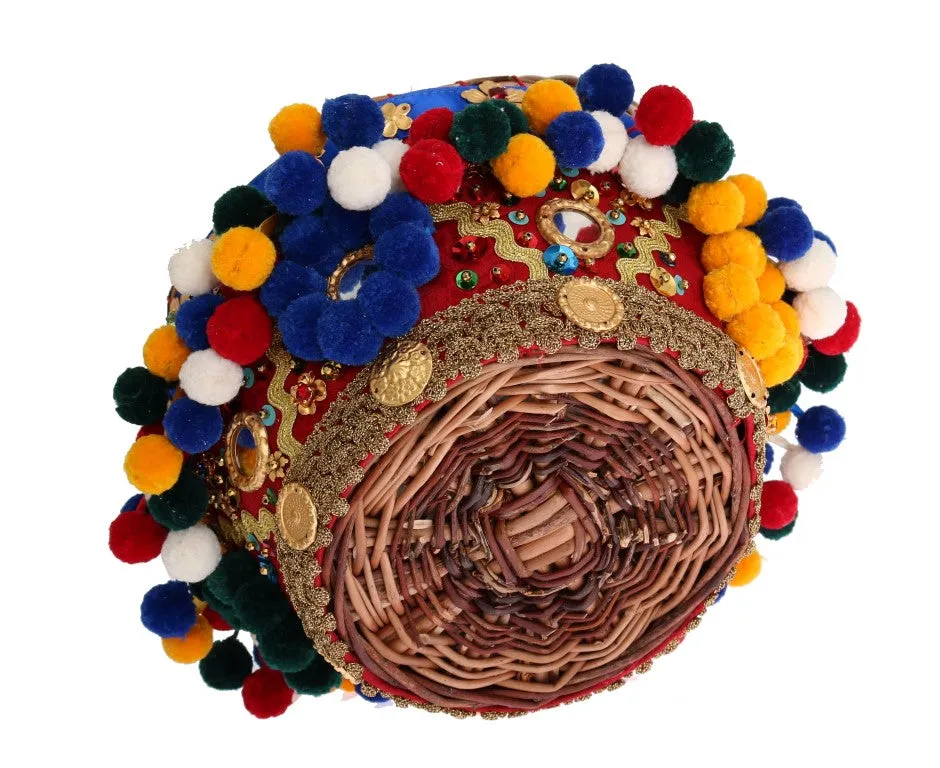 Multicolor AGNESE Straw Crystal  Pom Pom Bag