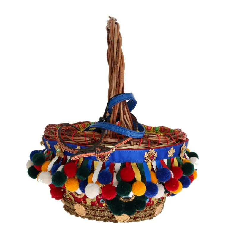 Multicolor AGNESE Straw Crystal  Pom Pom Bag