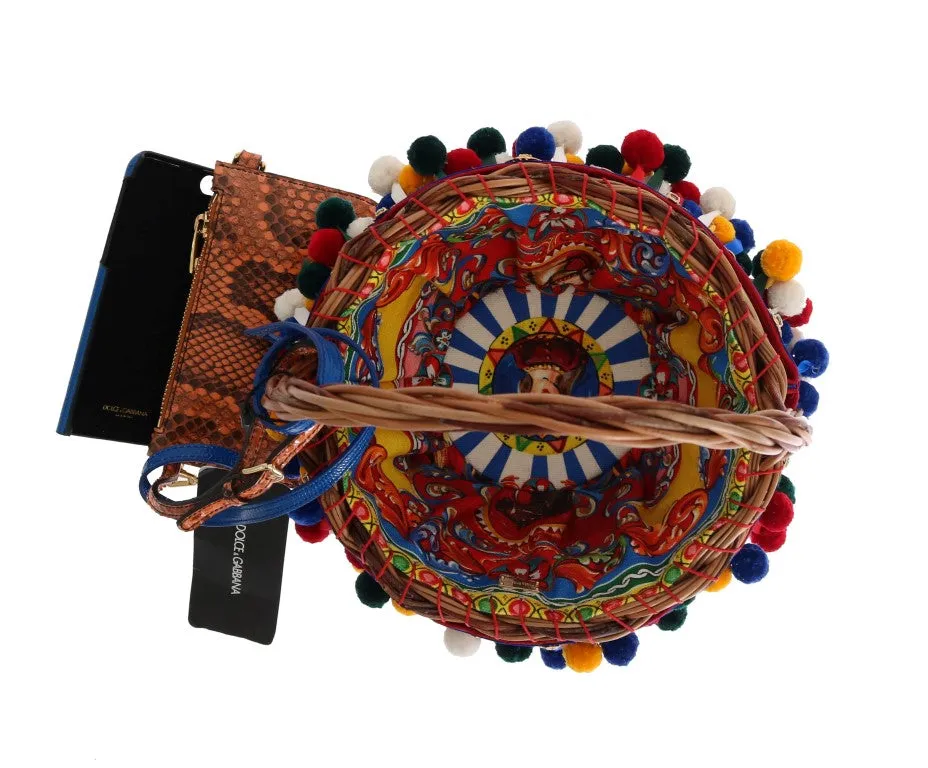 Multicolor AGNESE Straw Crystal  Pom Pom Bag