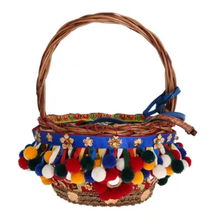 Multicolor AGNESE Straw Crystal  Pom Pom Bag