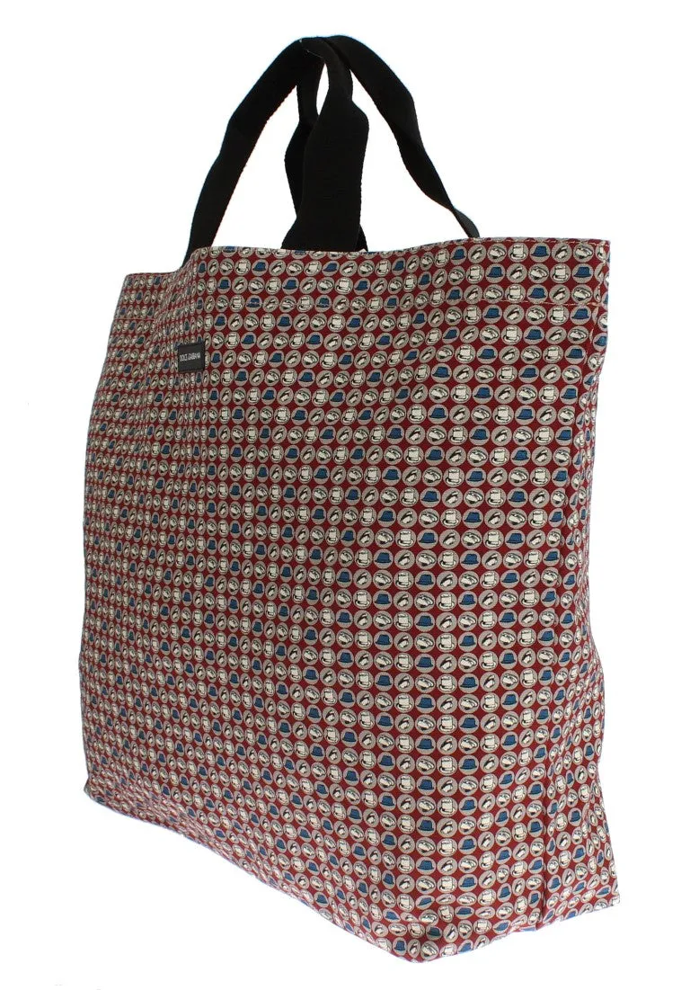 Multicolor Hat Print Cotton Denim Shopping Bag