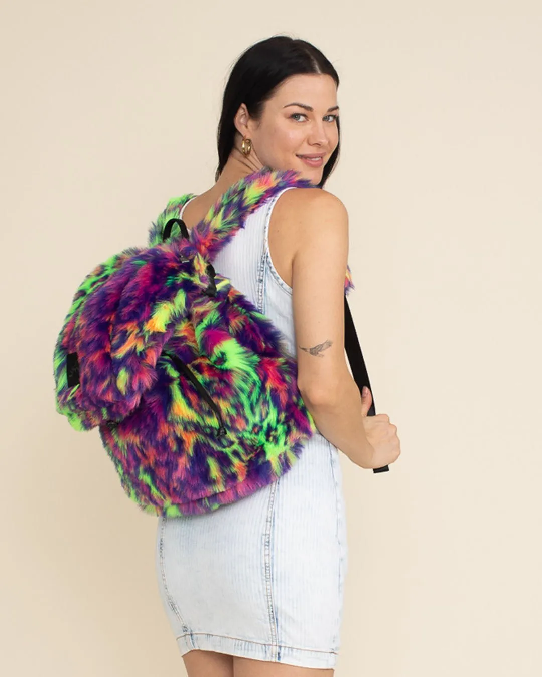 Neon Disco Kitty Faux Fur Backpack