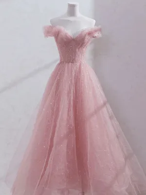 Off Shoulder Sequin Pink Tulle Long Prom Dresses, Pink Off The Shoulder Formal Evening Dresses