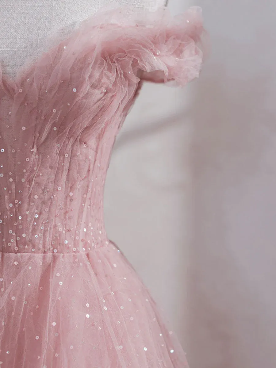 Off Shoulder Sequin Pink Tulle Long Prom Dresses, Pink Off The Shoulder Formal Evening Dresses