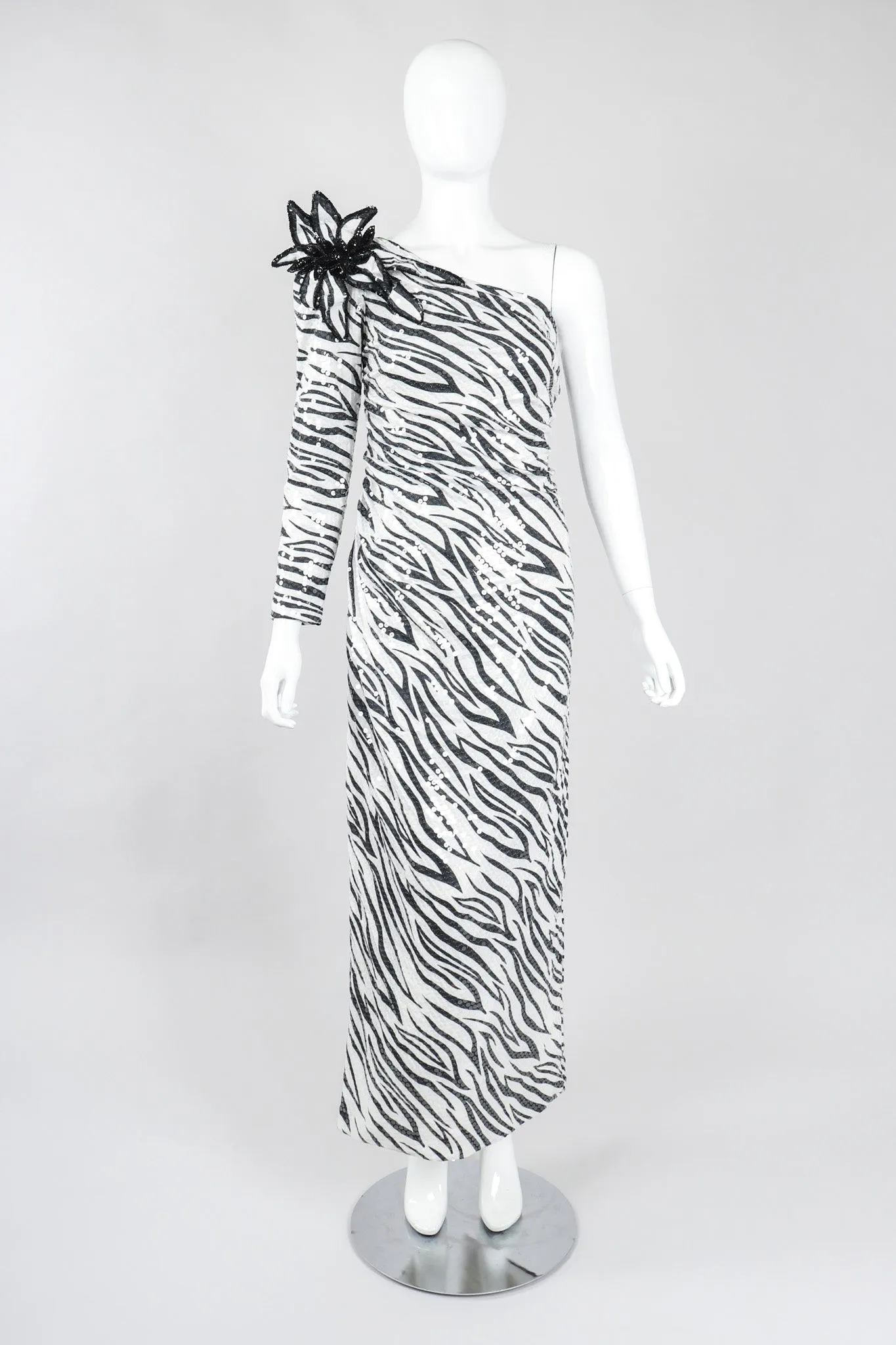 One-Shoulder Zebra Sequin Gown