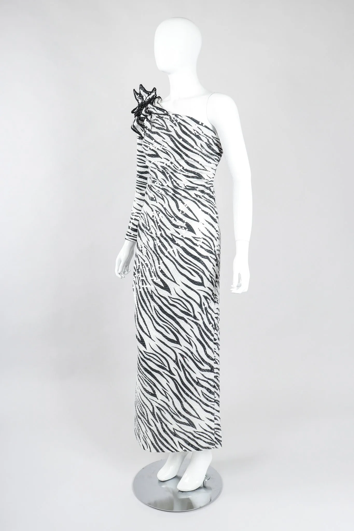 One-Shoulder Zebra Sequin Gown