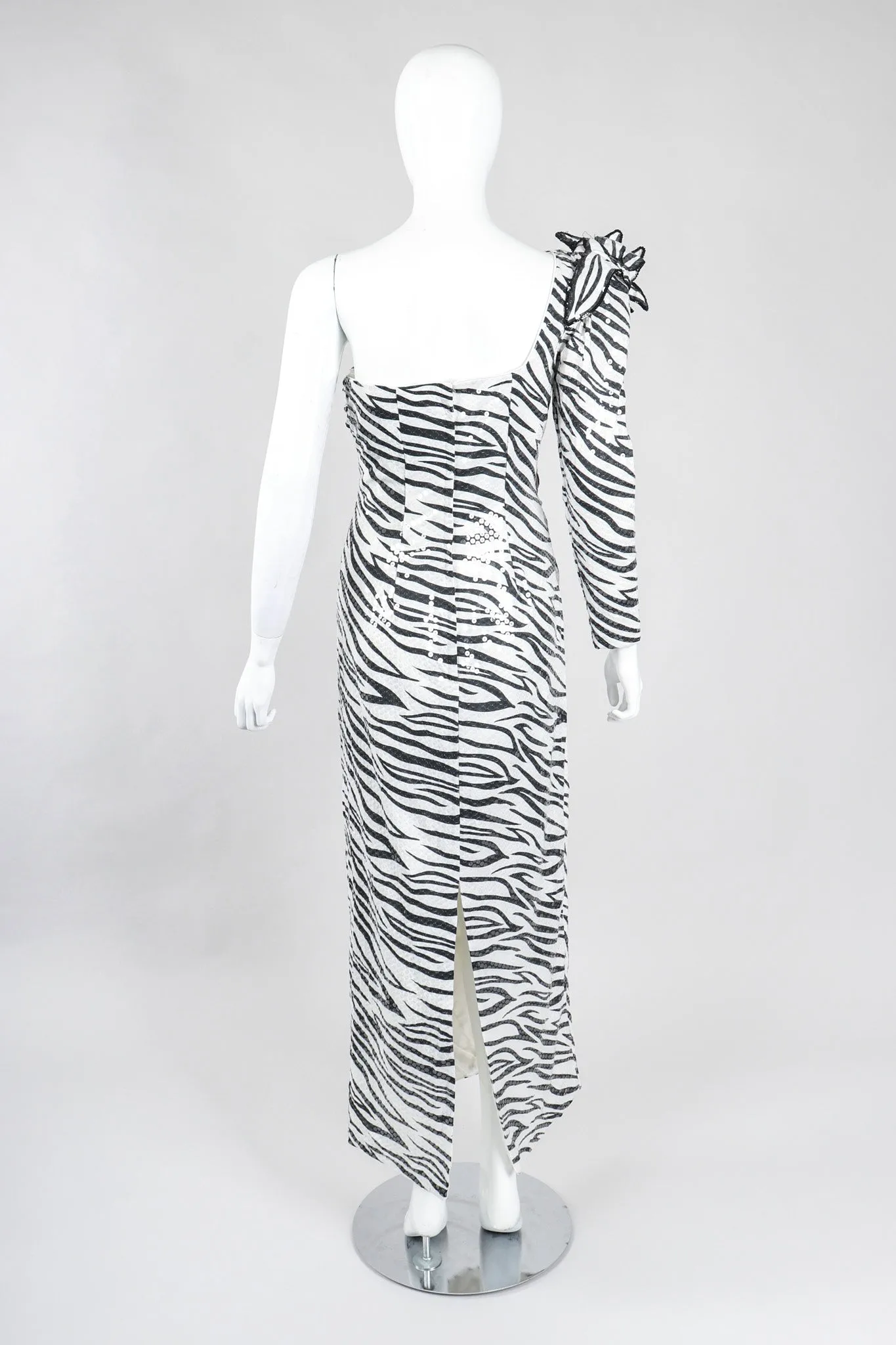 One-Shoulder Zebra Sequin Gown