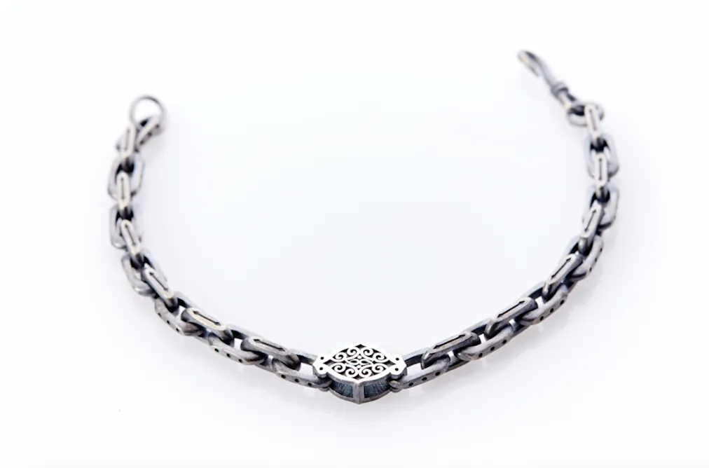 Oxidised Sterling Silver Linked Bracelet Arabesque Pattern Centre Plate