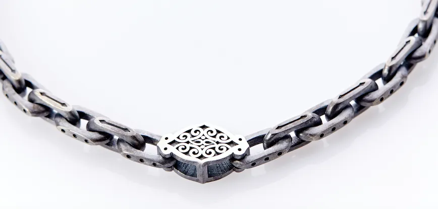 Oxidised Sterling Silver Linked Bracelet Arabesque Pattern Centre Plate