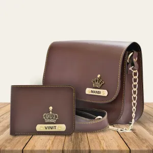 Personalized Couple's Combo : Chained Sling Bag ( Product 1 ) & Men's Wallet (Product 2)- Brown
