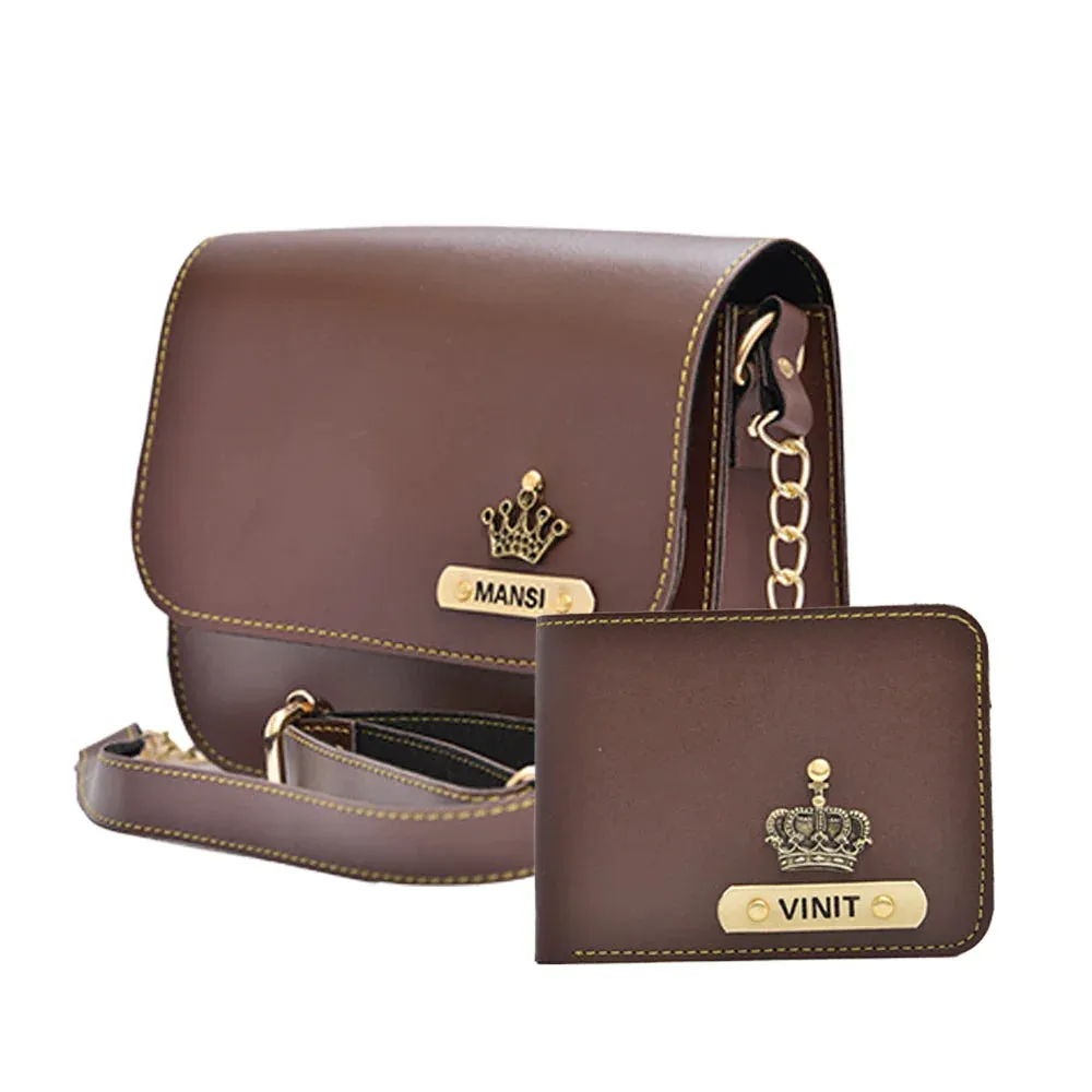 Personalized Couple's Combo : Chained Sling Bag ( Product 1 ) & Men's Wallet (Product 2)- Brown