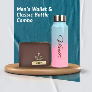 Personalized Men's Combo Wallet & Multicolor Bottle - Brown