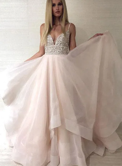 Pink Tulle Beaded Backless Princess Spaghetti Straps V-neck Prom Dresses, SP489