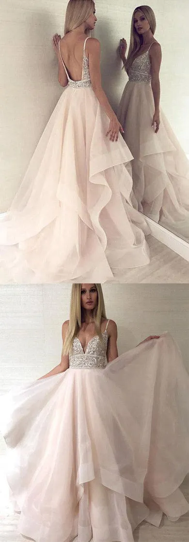 Pink Tulle Beaded Backless Princess Spaghetti Straps V-neck Prom Dresses, SP489