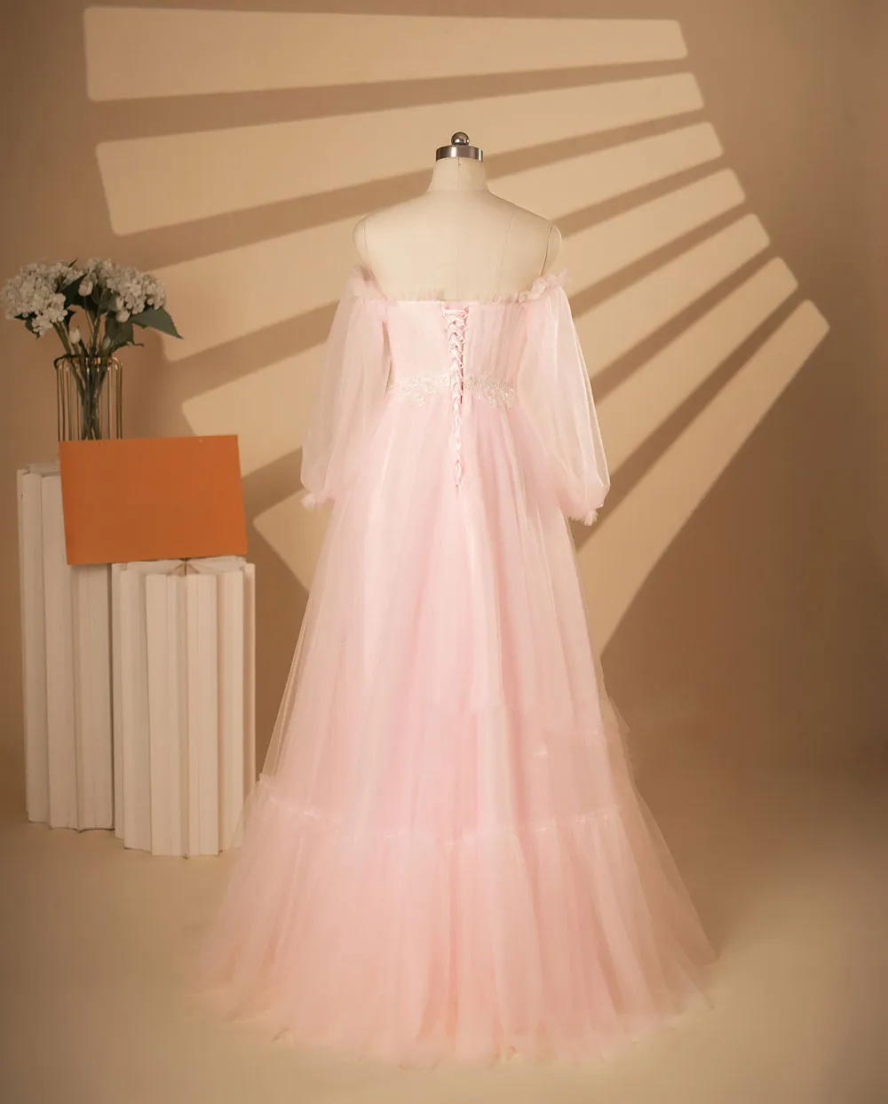 Pink Tulle Wedding Dress with Off Shoulder Long Sleeves ET3069