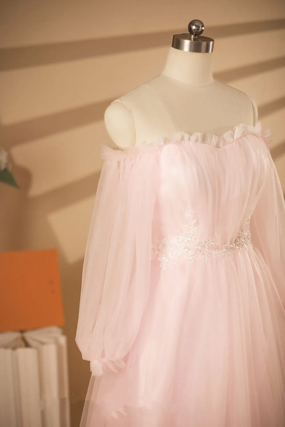 Pink Tulle Wedding Dress with Off Shoulder Long Sleeves ET3069
