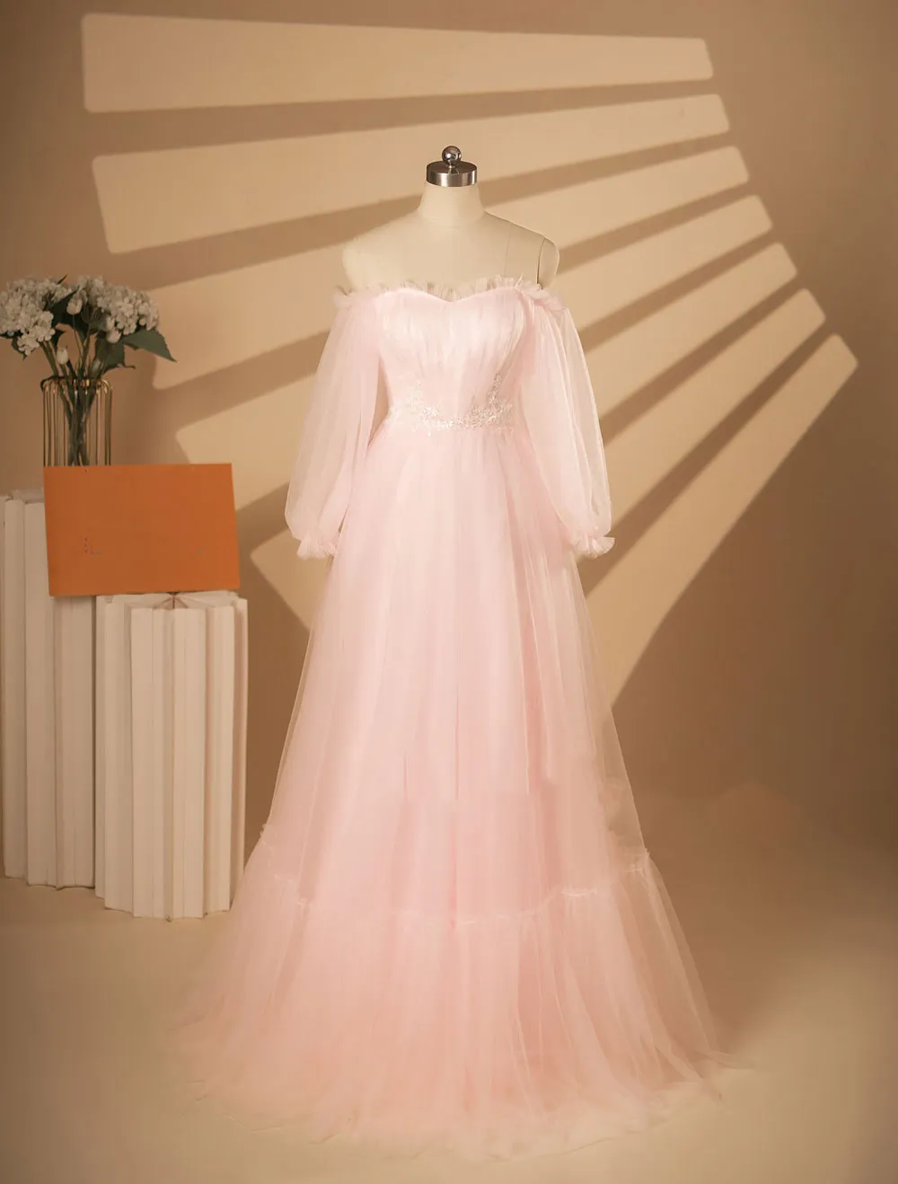 Pink Tulle Wedding Dress with Off Shoulder Long Sleeves ET3069