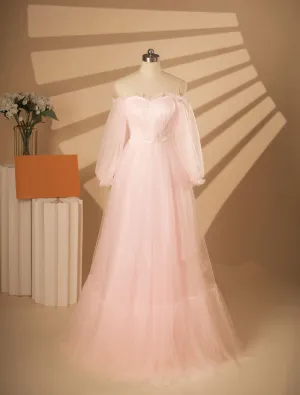 Pink Tulle Wedding Dress with Off Shoulder Long Sleeves ET3069