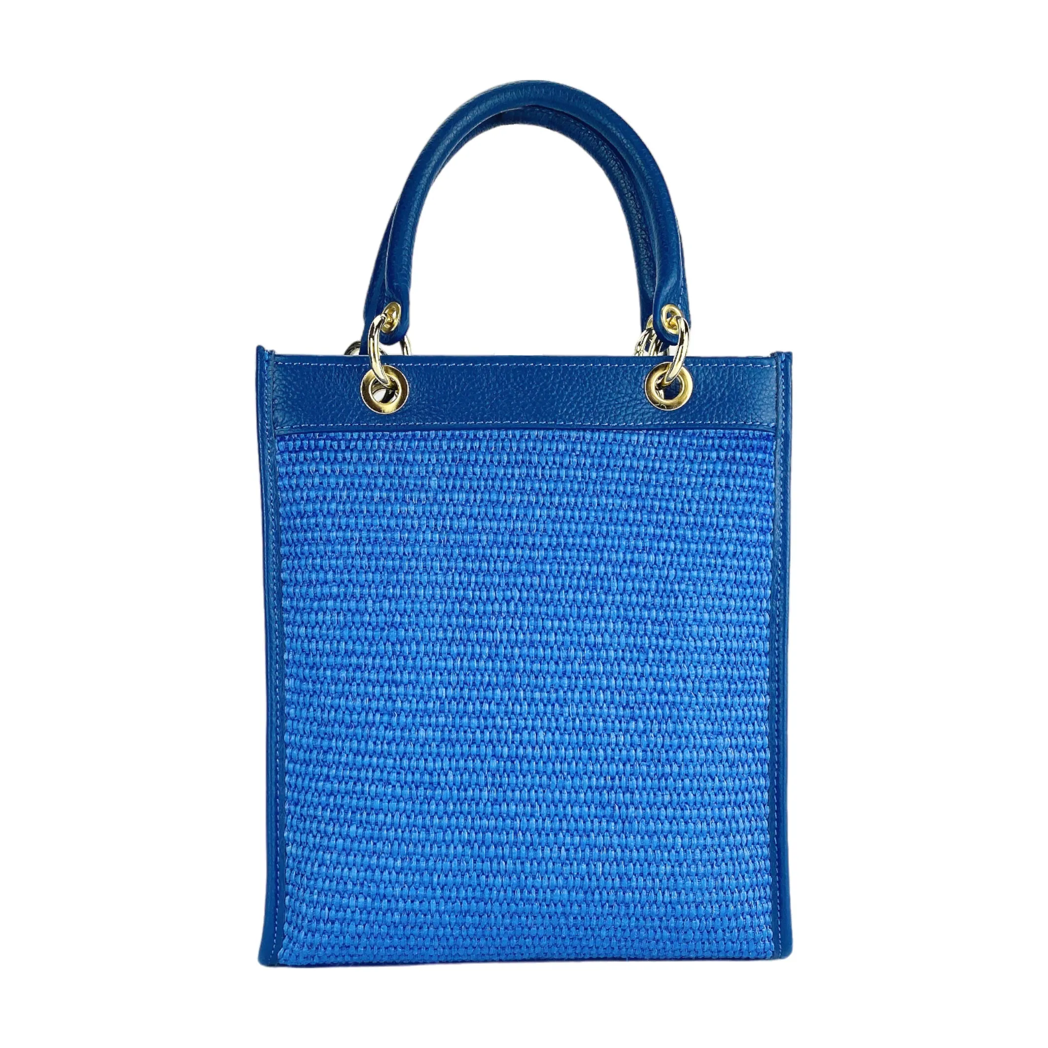 Renato Borzatta Vertical leather and straw shoulder bag royal blue