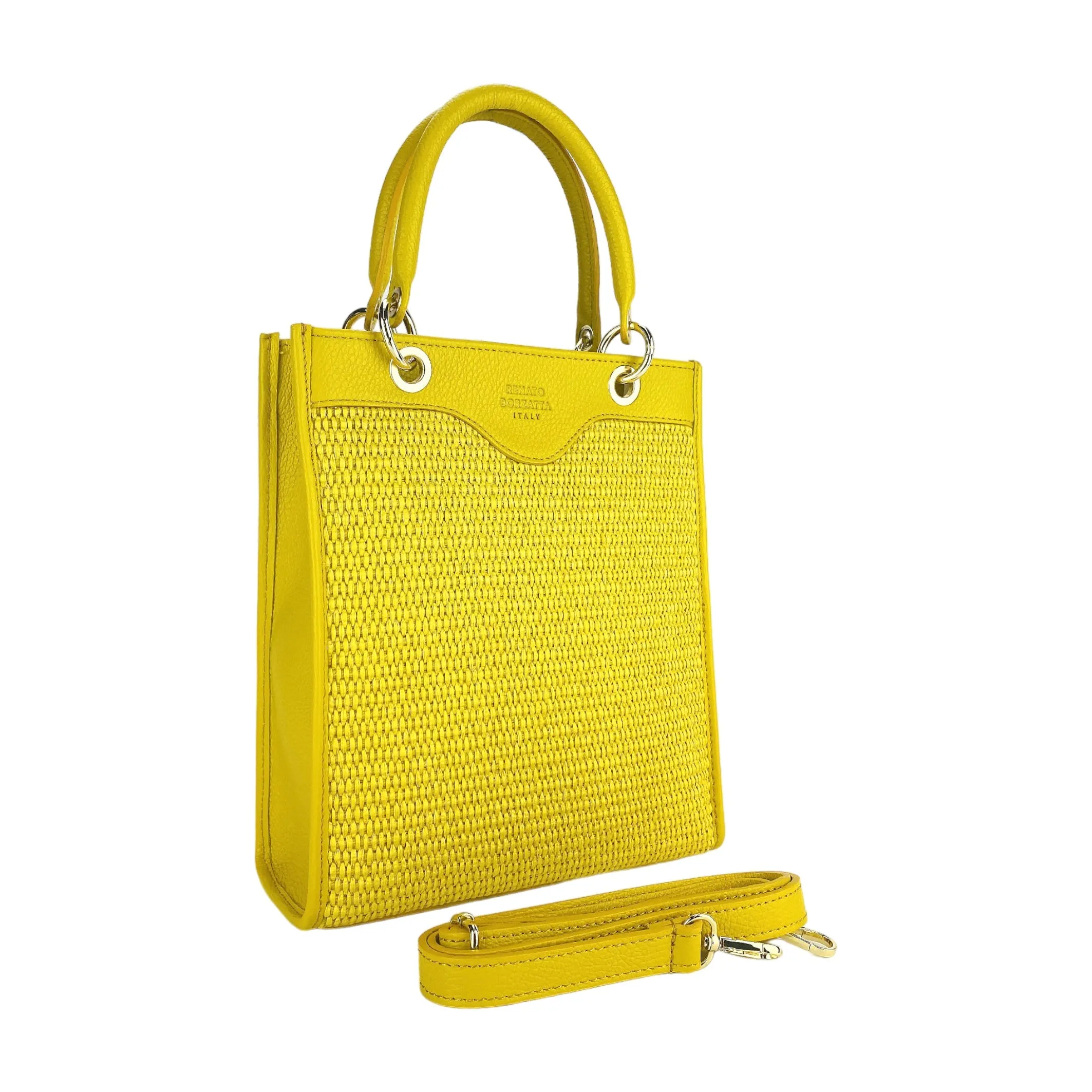Renato Borzatta Vertical leather and straw shoulder bag yellow