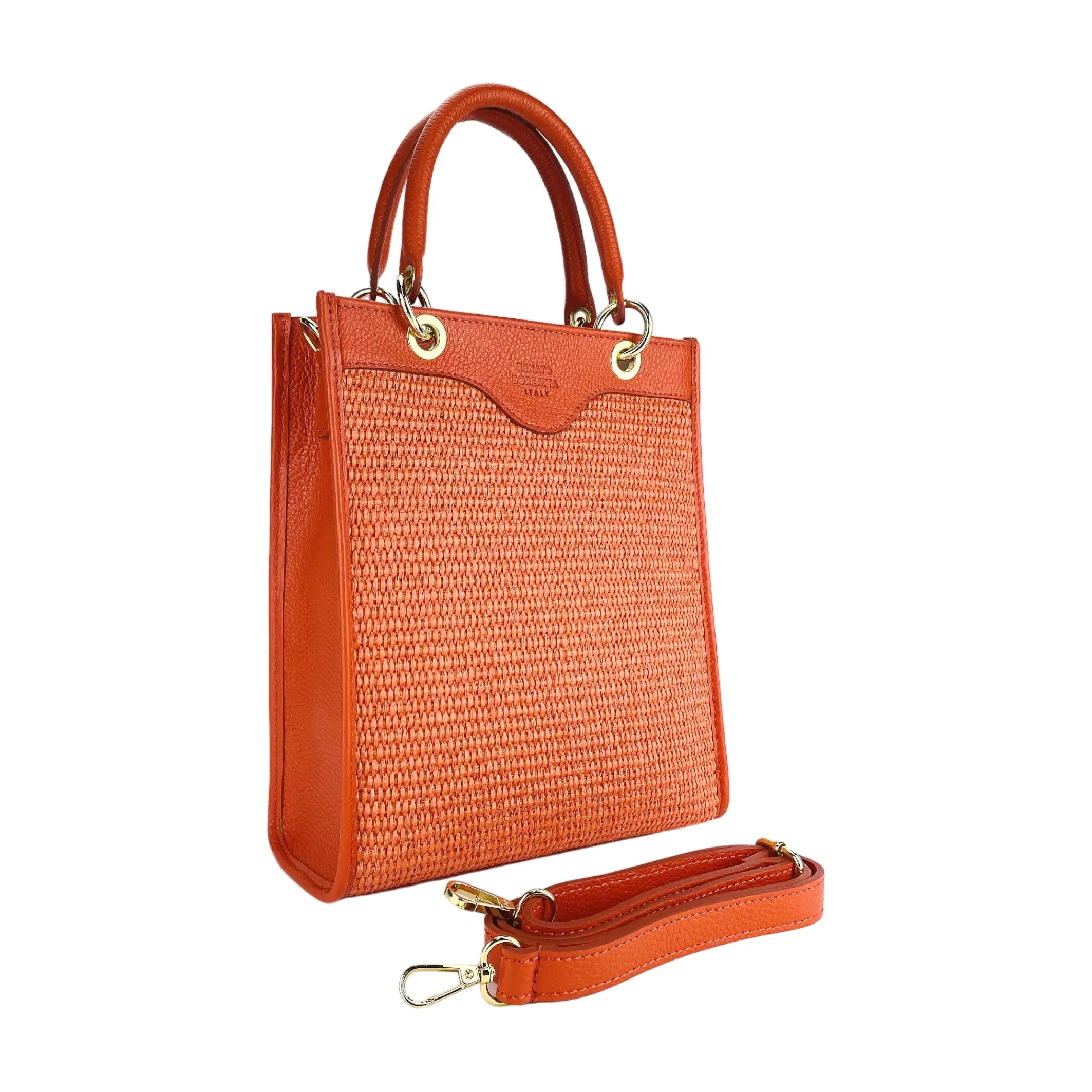 Renato Borzatta Vertical straw and leather shoulder bag coral orange