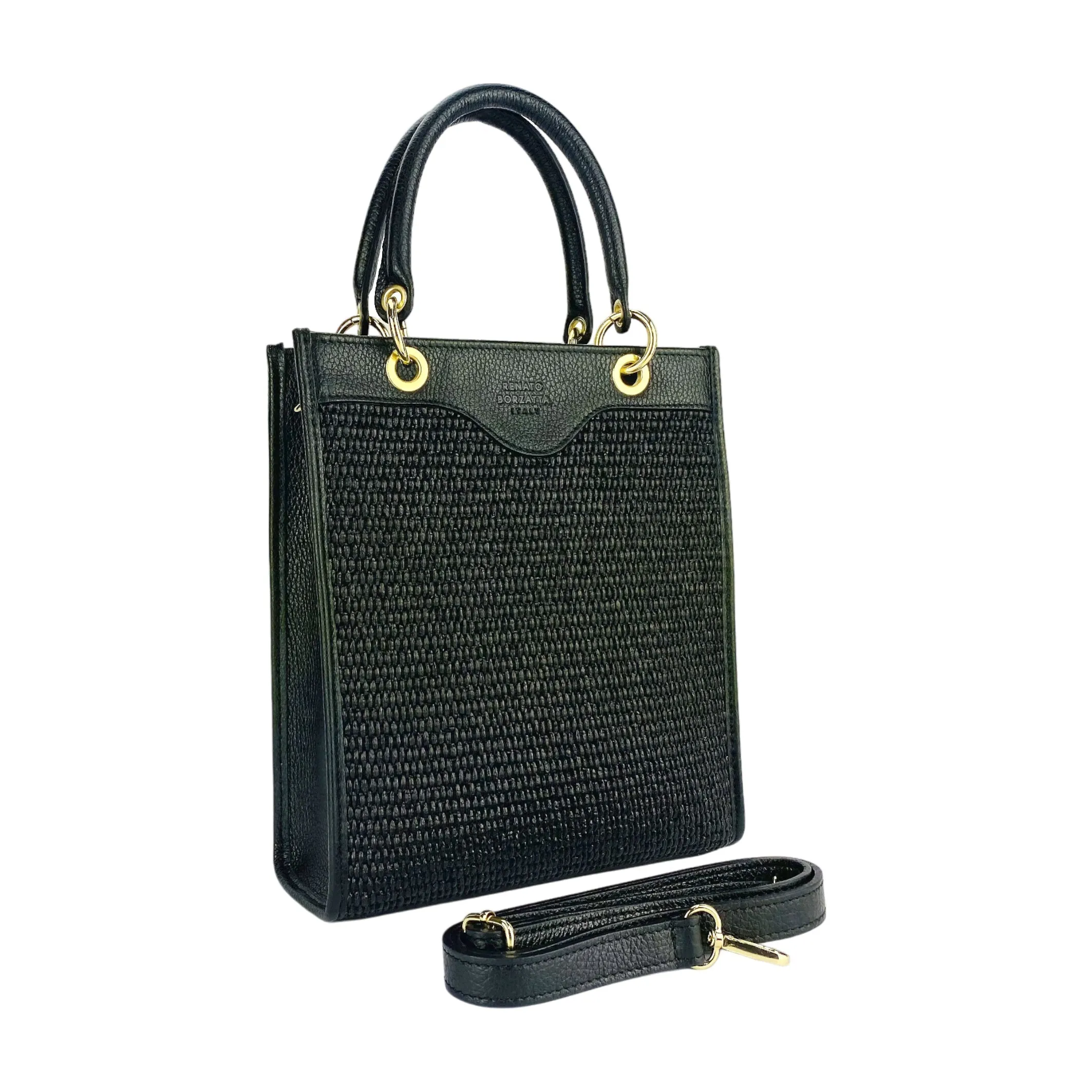 Renato Borzatta Vertical women's leather and straw shoulder bag black