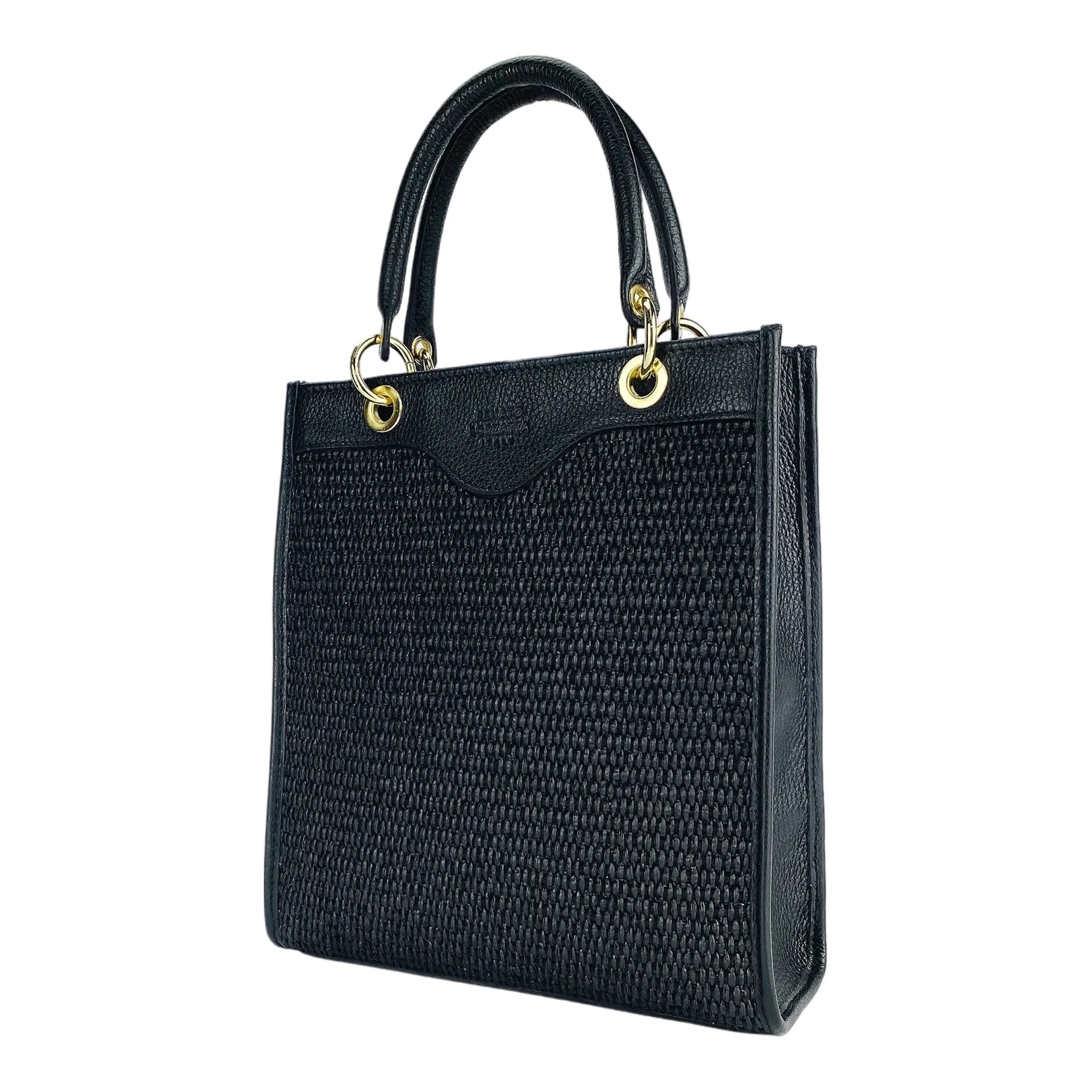 Renato Borzatta Vertical women's leather and straw shoulder bag black