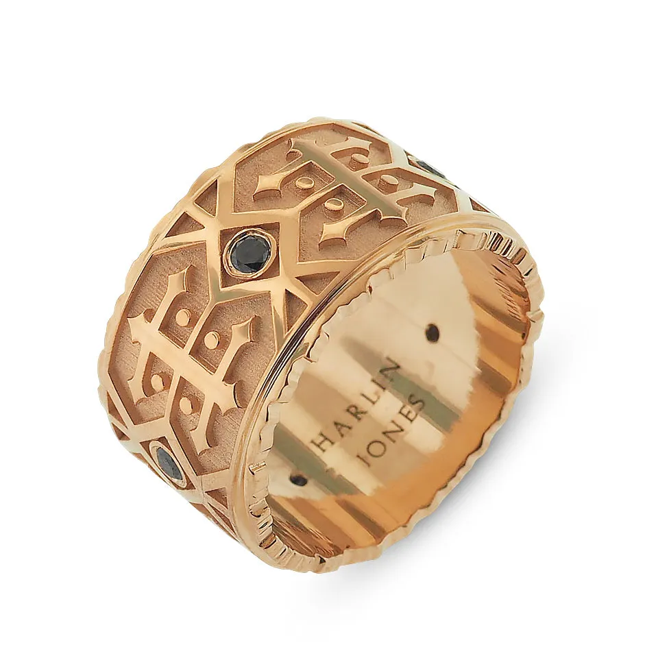 Rose Gold, Black Diamond Men's Wedding Band, Navajo Inspired Pattern