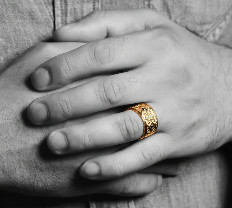 Rose Gold, Black Diamond Men's Wedding Band, Navajo Inspired Pattern