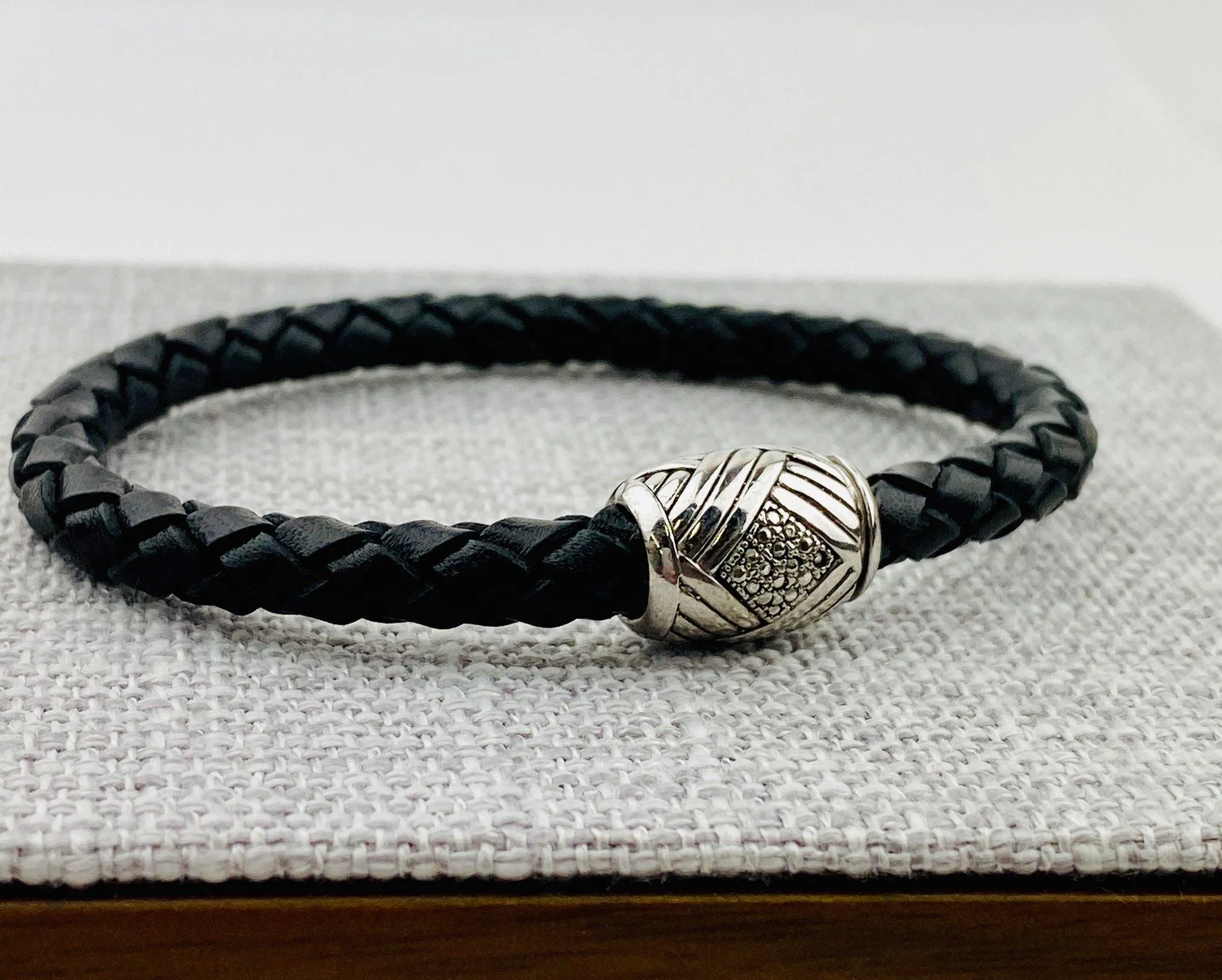 Samuel B. Sterling Silver Men's Black Leather Bracelet with Woven Design Clasp (93412)