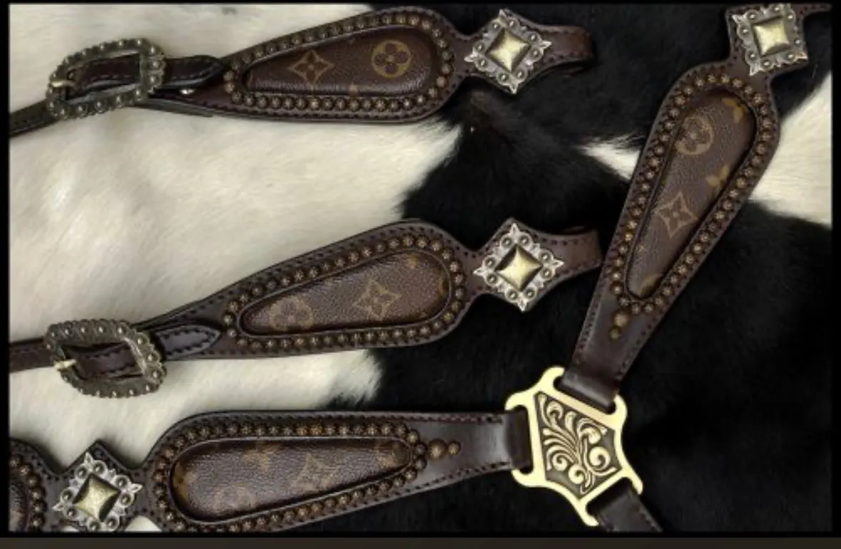 Scalloped LV Repurposed Leather Tack Set with Antique Gold Conchos