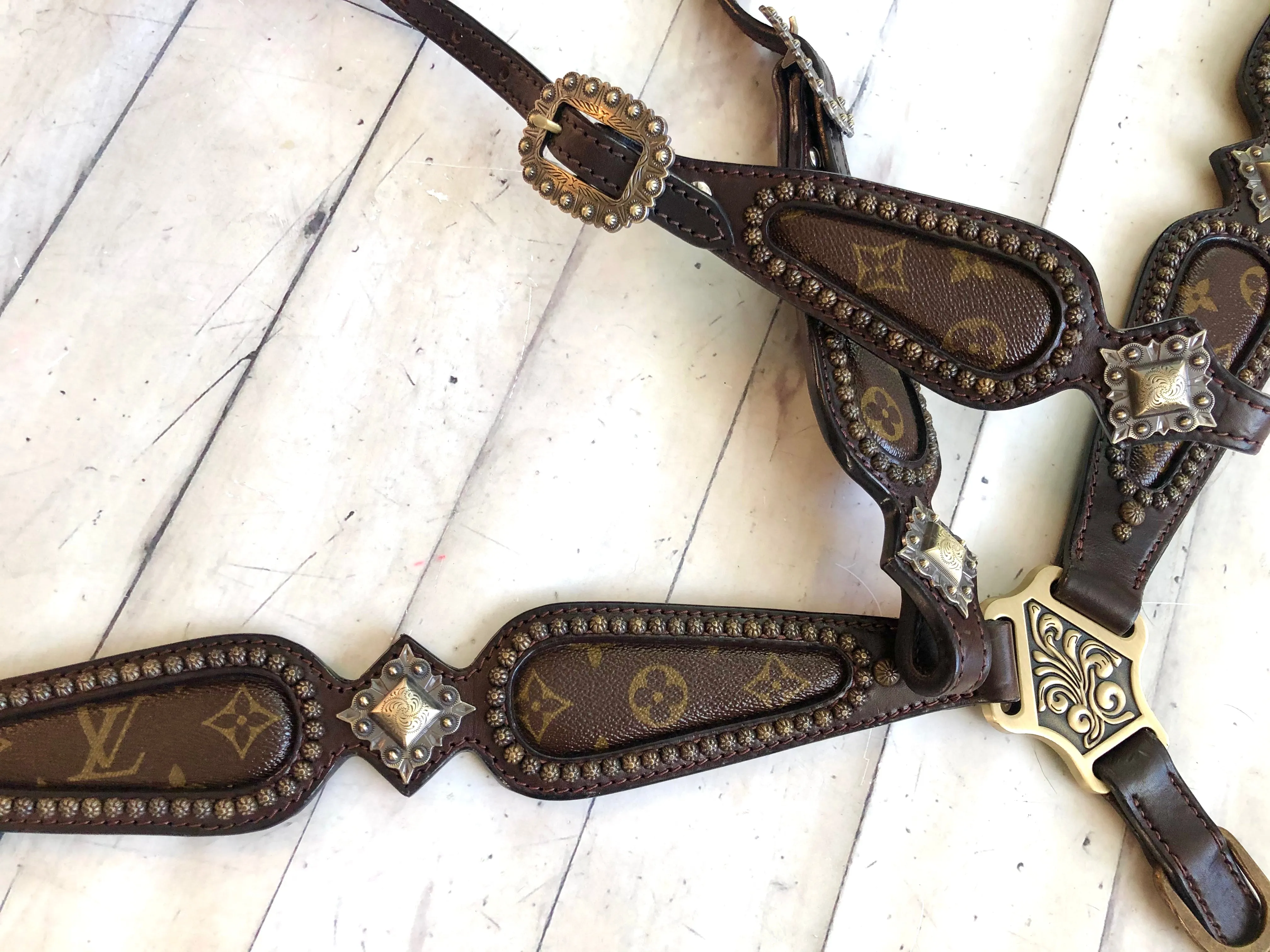 Scalloped LV Repurposed Leather Tack Set with Antique Gold Conchos