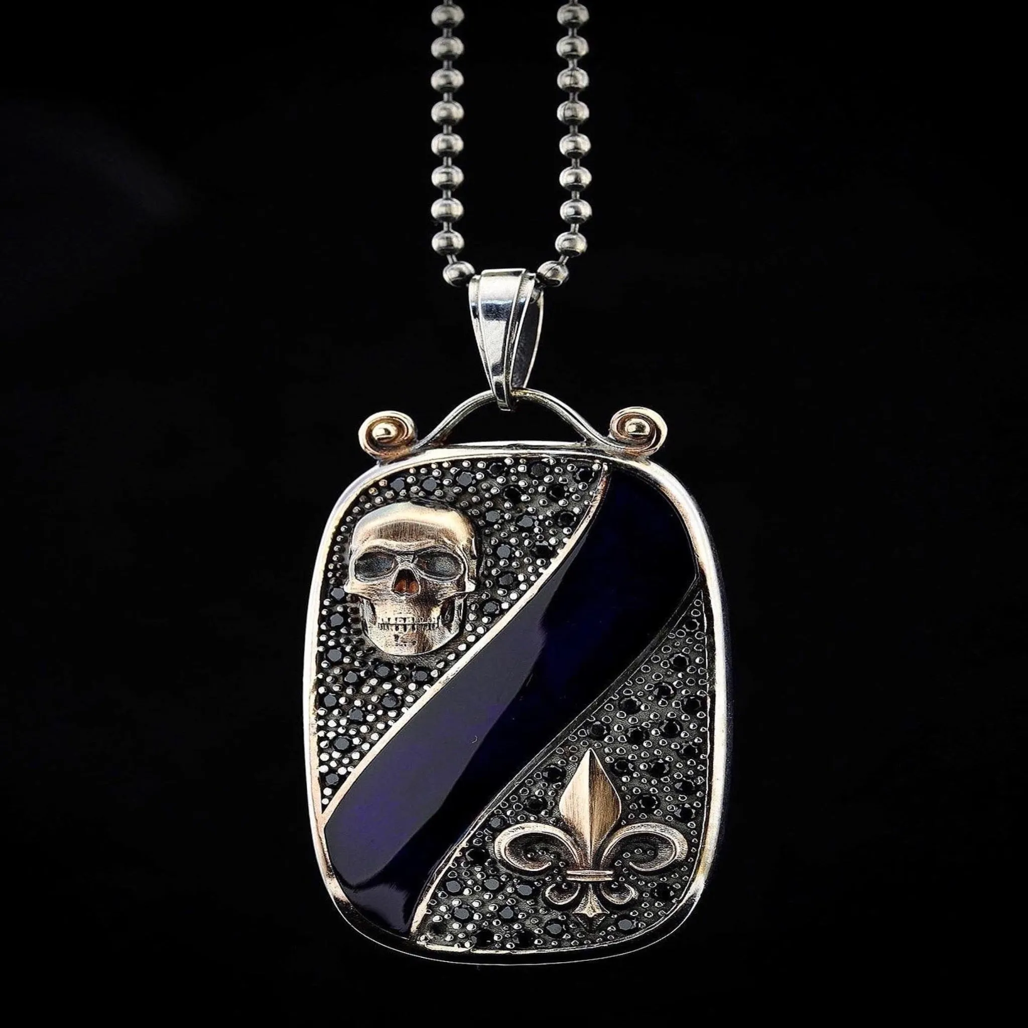 Skull And Fleur De Lis Necklace, Men's Sterling Silver Necklace