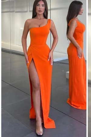 Slim Long Orange Prom Gown with Single Shoulder