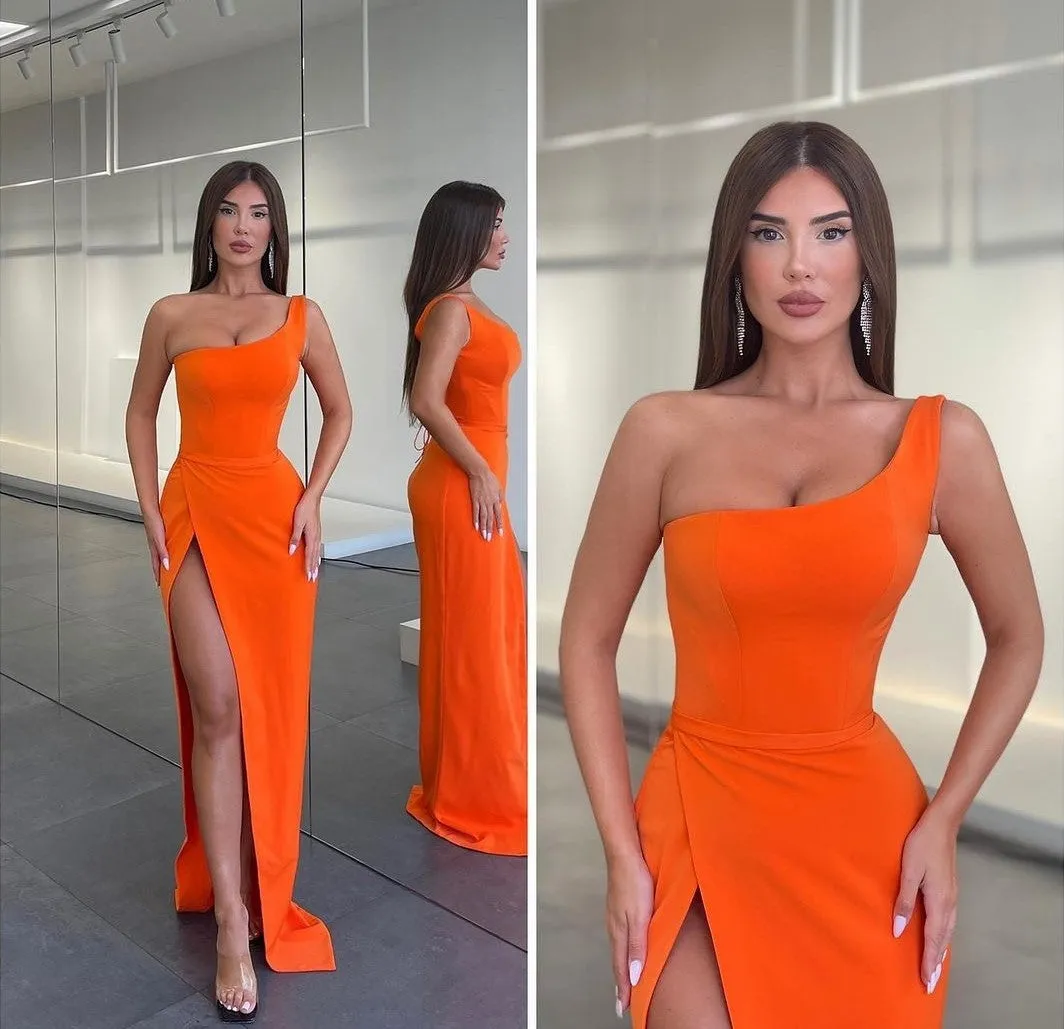 Slim Long Orange Prom Gown with Single Shoulder