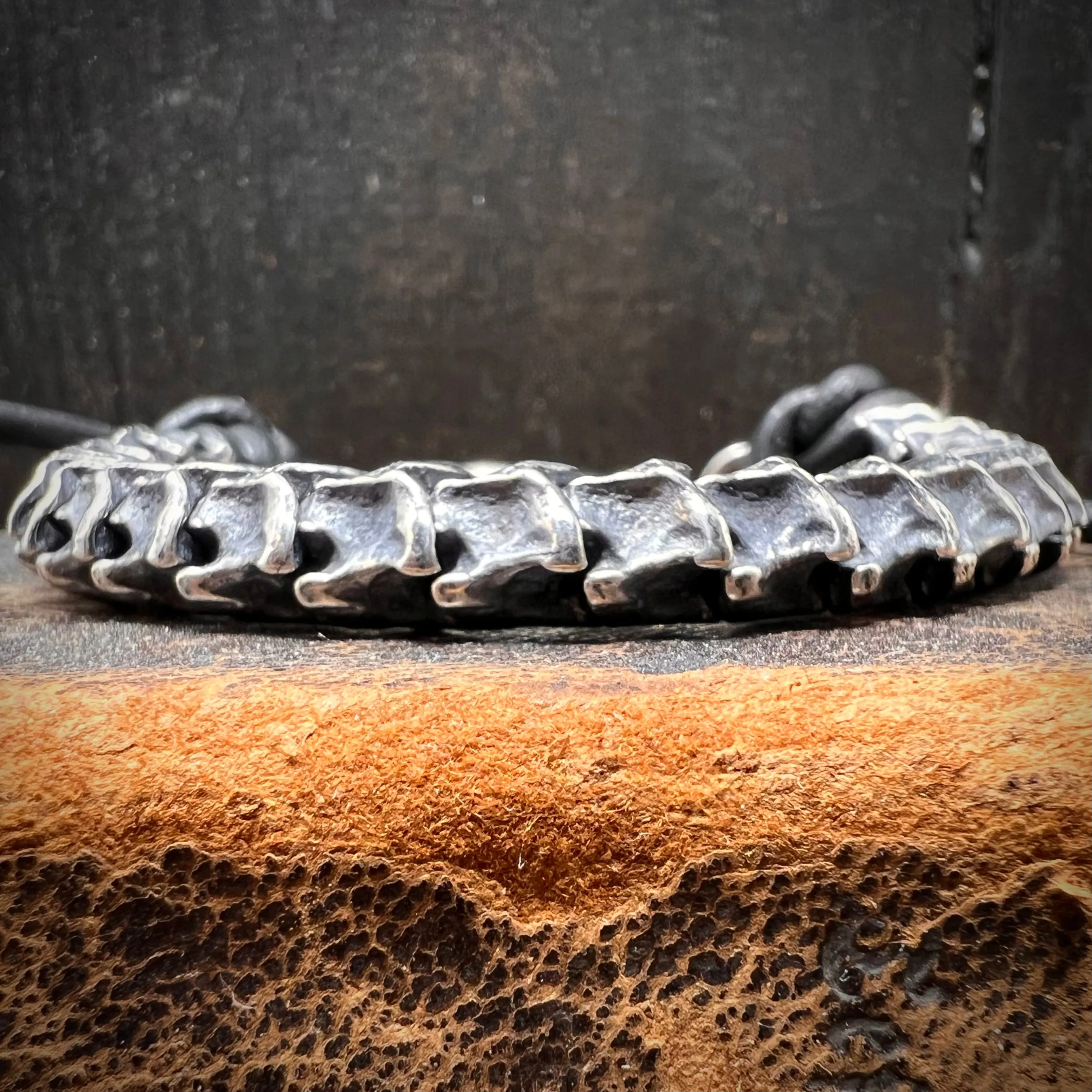 Sterling Silver Vertebrae Leather Bracelet