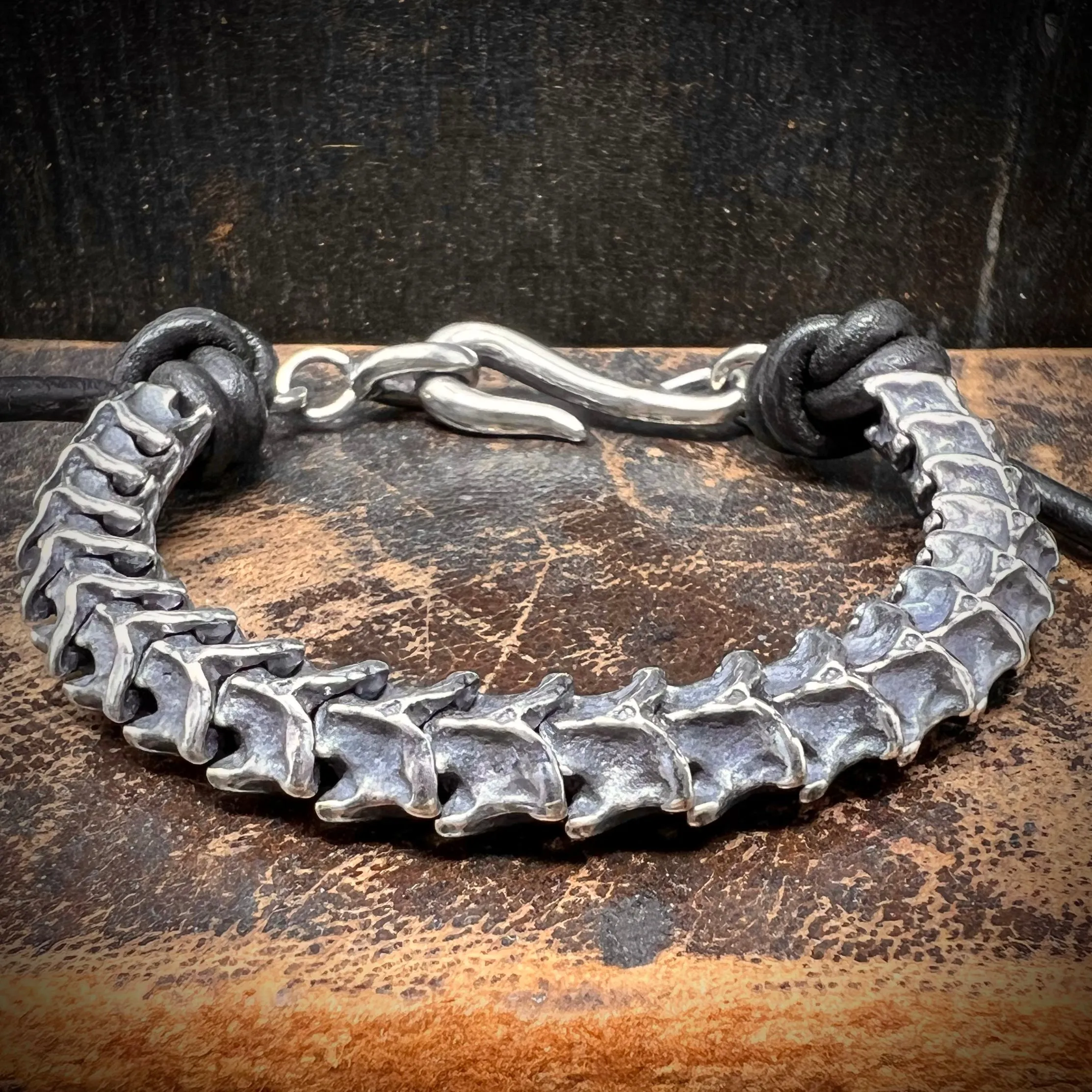 Sterling Silver Vertebrae Leather Bracelet