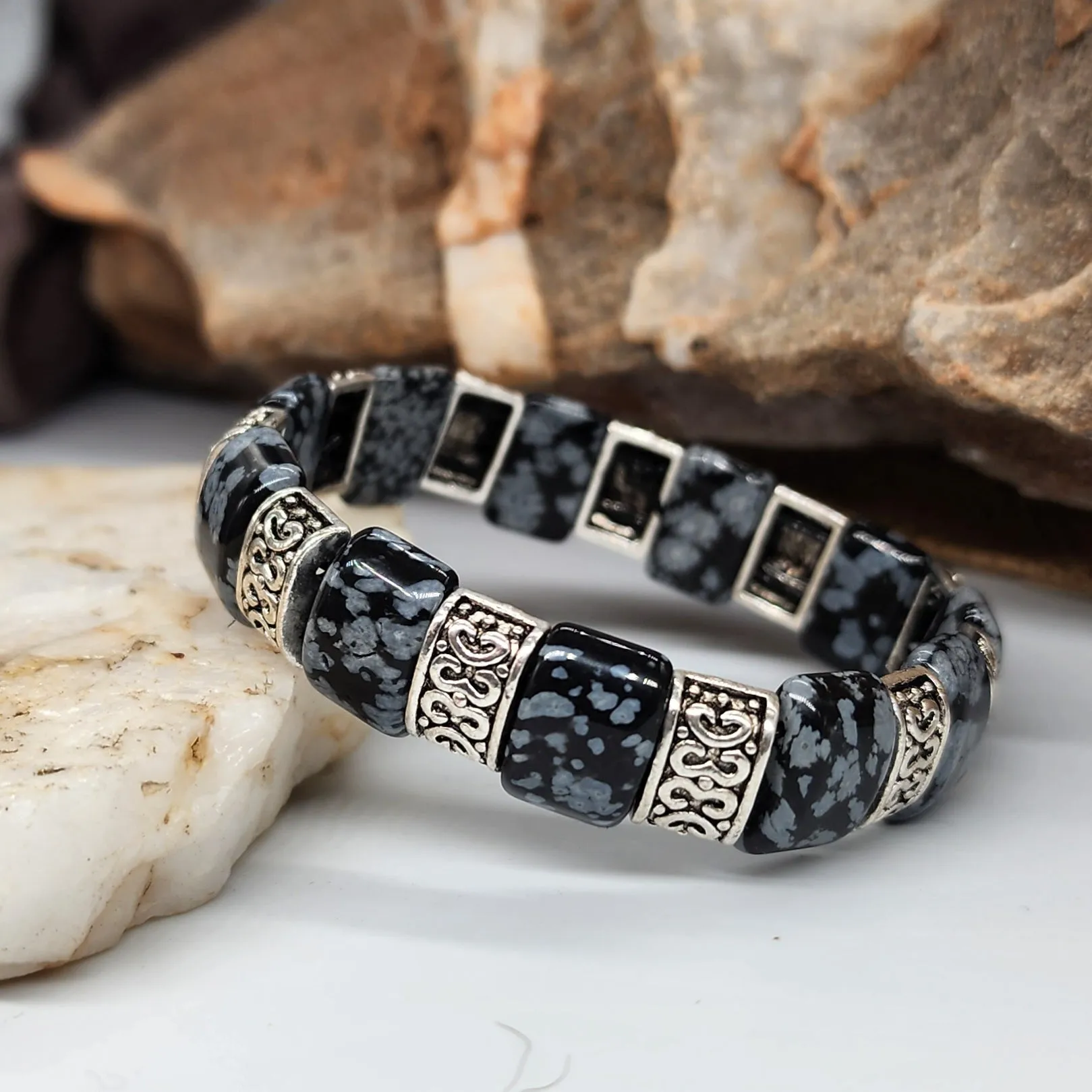 The Gravity / Elegant Men's Bracelet Size 8 Genuine Obsidian Stone Mens Gift Silver Jewelry