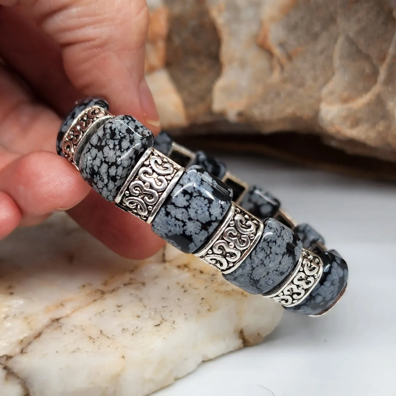The Gravity / Elegant Men's Bracelet Size 8 Genuine Obsidian Stone Mens Gift Silver Jewelry