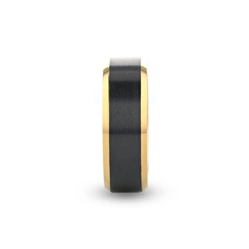 Thorsten BEAUMONT Gold Plated Titanium Polished Beveled Ring with Brushed Black Center - 8mm