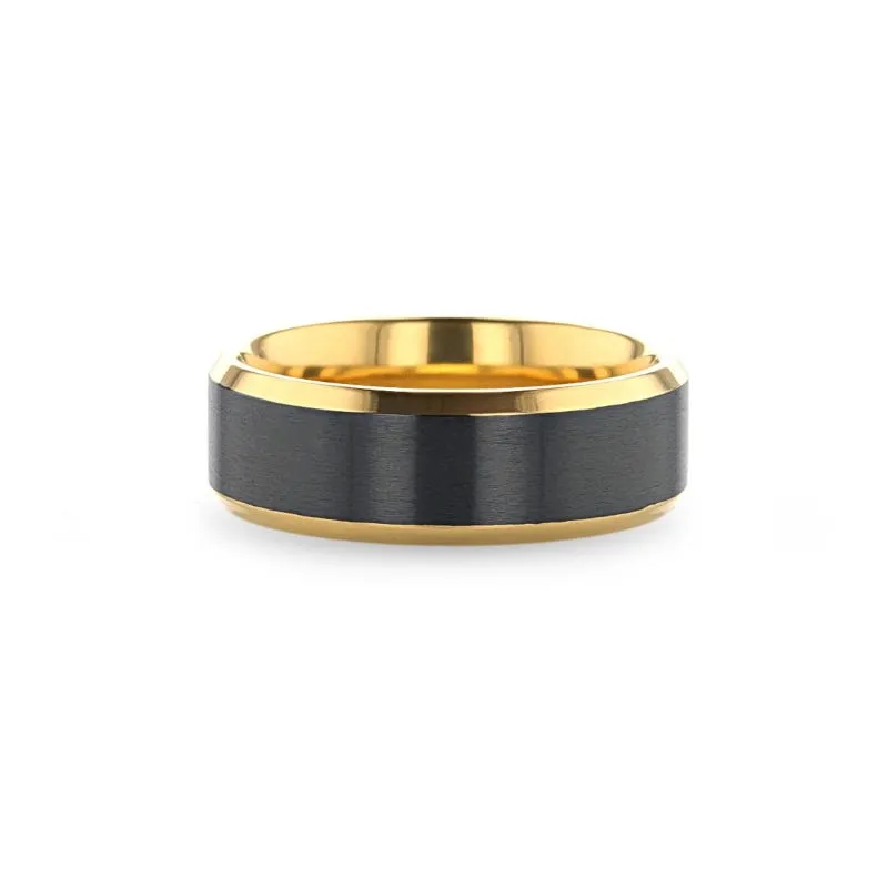 Thorsten BEAUMONT Gold Plated Titanium Polished Beveled Ring with Brushed Black Center - 8mm