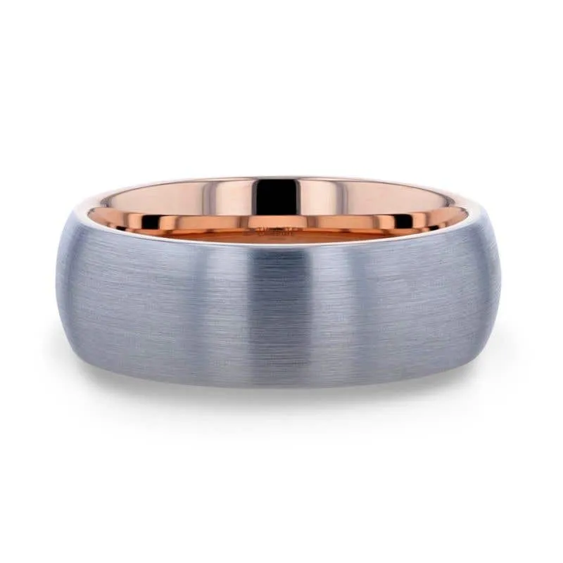 Thorsten CAMERON Domed Brushed Finish Tungsten Carbide Men's Wedding Band With Rose Gold Ion Plating Interior - 8mm