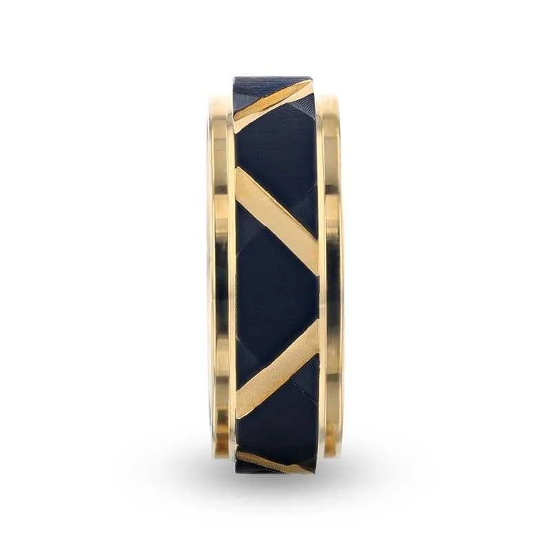 Thorsten FLEMING Yellow Gold Plated Flat Polished Step Edged Titanium Men's Wedding Band With Matte Black Raised Horizontal Etches and Gold-Plated Diagonal-Shape Cut Inlay - 8mm