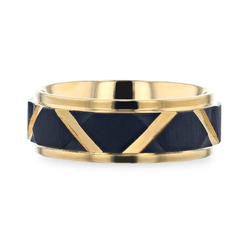 Thorsten FLEMING Yellow Gold Plated Flat Polished Step Edged Titanium Men's Wedding Band With Matte Black Raised Horizontal Etches and Gold-Plated Diagonal-Shape Cut Inlay - 8mm