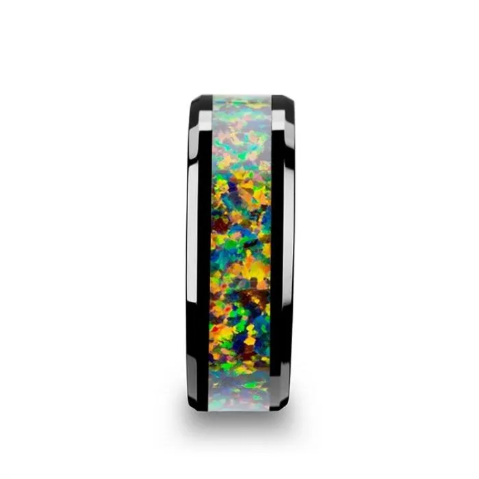 Thorsten GALACTIC Black Ceramic Wedding Band with Beveled Edges and Blue & Orange Opal Inlay - 8mm