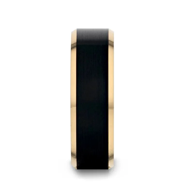 Thorsten Gold Plated Tungsten Polished Beveled Ring with Brushed Black Center -6mm or 8mm - GASTON