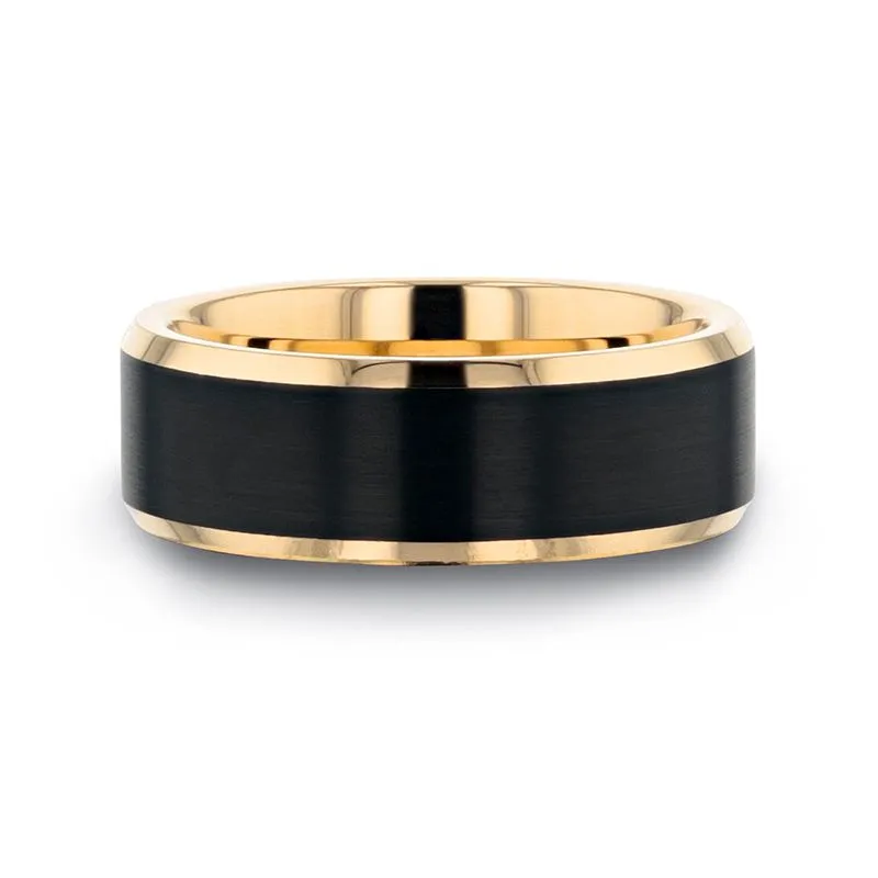 Thorsten Gold Plated Tungsten Polished Beveled Ring with Brushed Black Center -6mm or 8mm - GASTON