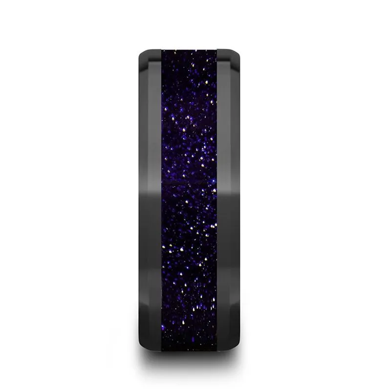 Thorsten MELO Black Ceramic Beveled Polished Men’s Wedding Band with Purple Goldstone Inlay